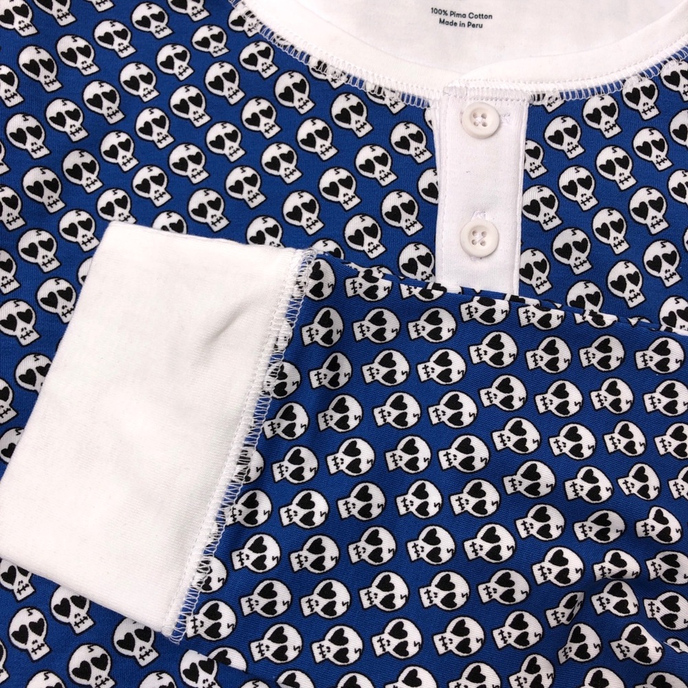 Bloomies x Roller Rabbit Blue White Heart Skull Pima Cotton Pajama Top Pant Set - Picture 6 of 7